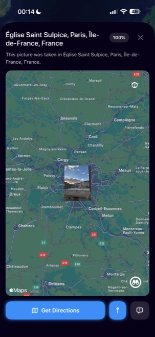GeoFindr on iPhone: a location result for Saint-Sulpice in Paris, with a map and directions